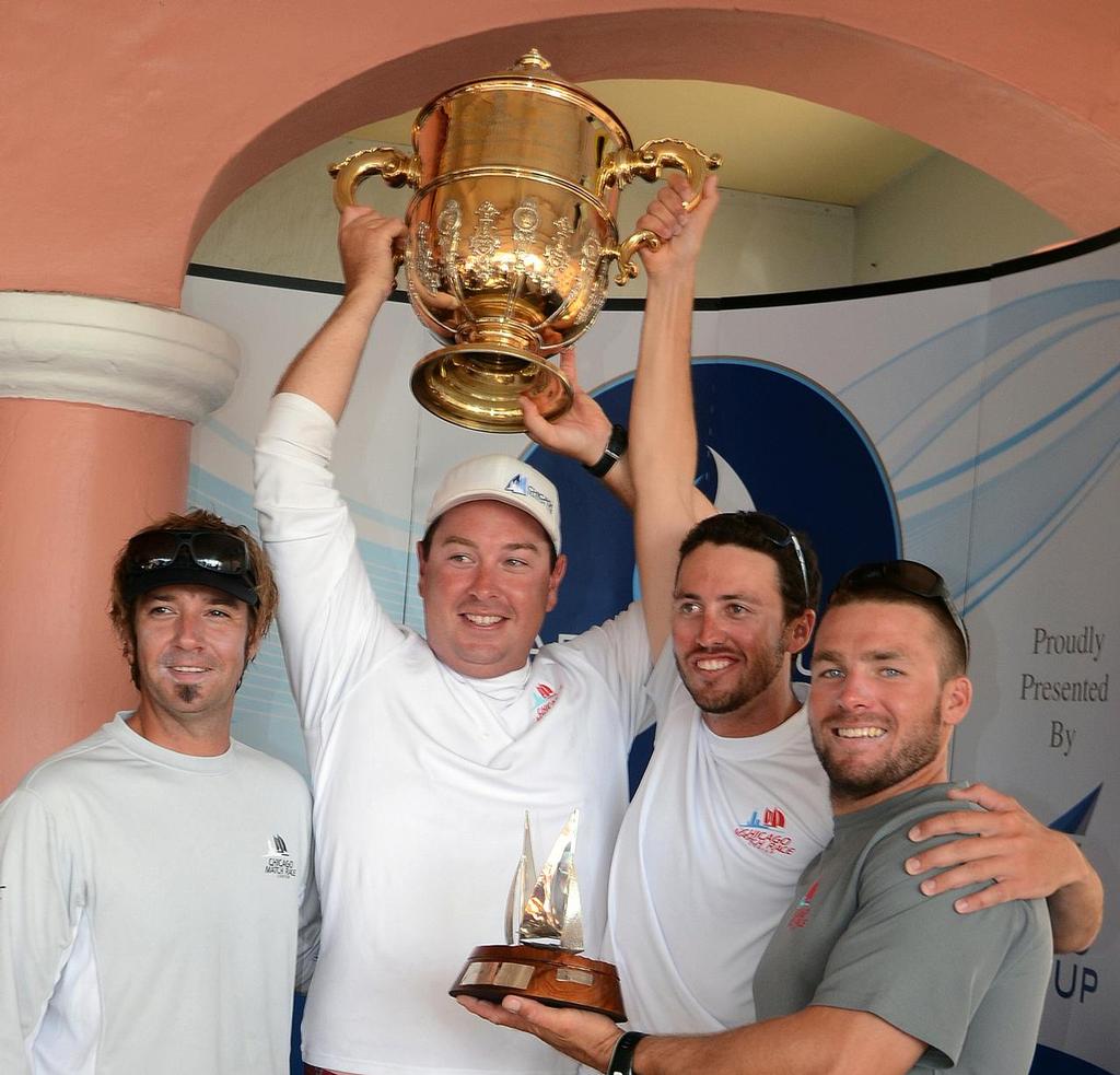 Taylor Canfield (USVI) with his USone crew hoists the King Edward VII Gold Cup after winning the 2012 Argo Group Gold cup ©  Talbot Wilson / Argo Group Gold Cup http://www.argogroupgoldcup.com/